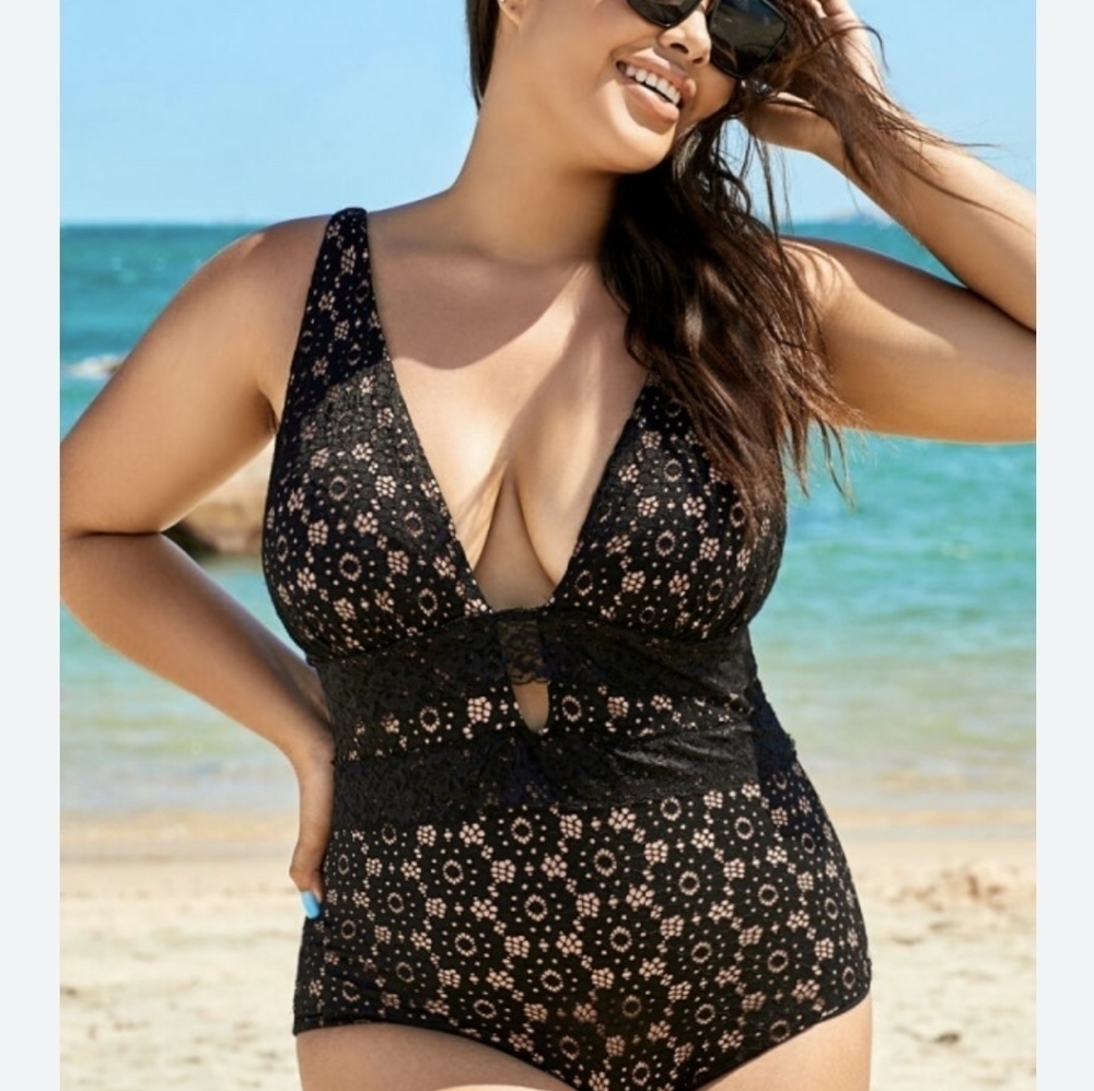 MeetCurve Black Sexy Lace Plunge One‎ Piece Plus Size Swimsuit 3XL